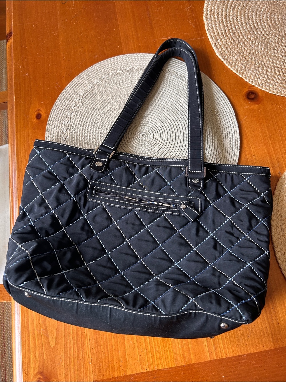 Vera Bradley Black Quilted Tote with White Contrast Stitching